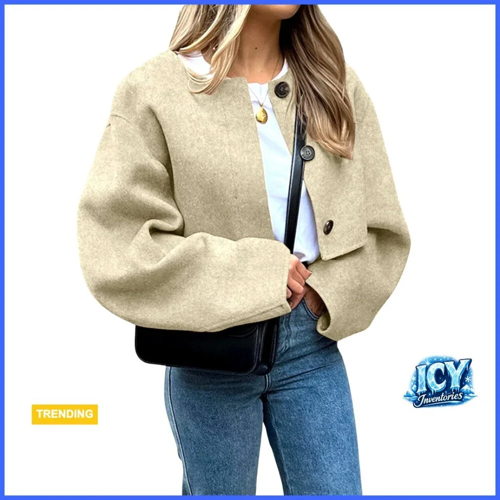 Cropped Wool Blend Pea Coat Button Down Jacket Long Sleeve - Picture 1 of 6
